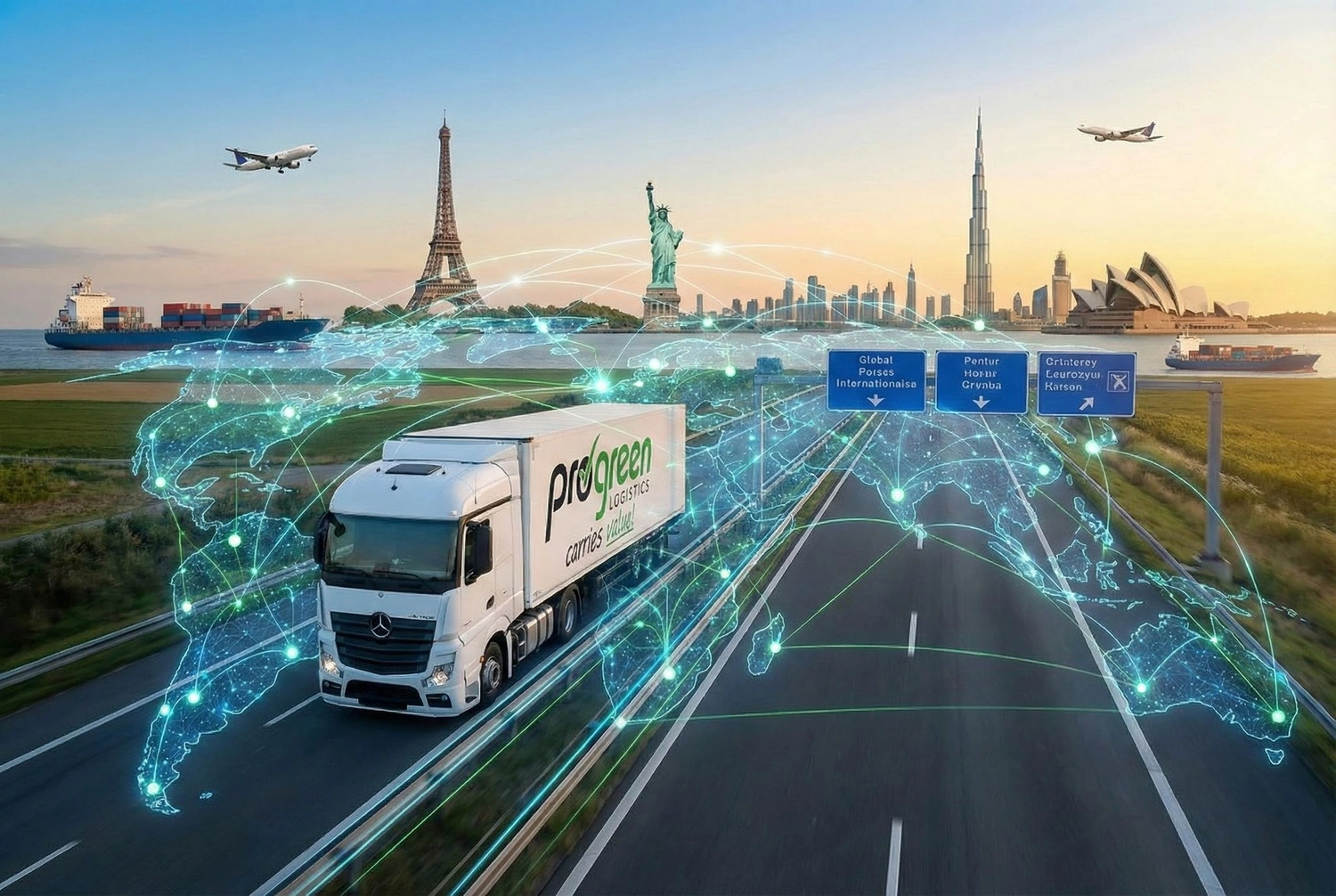 Progreen GmbH – Logistik – Diese Abbildung ist eine Werbeillustration für ein Logistikunternehmen und zeigt einen LKW mit der Aufschrift „Progreen Logistics“, der Waren weltweit transportiert.