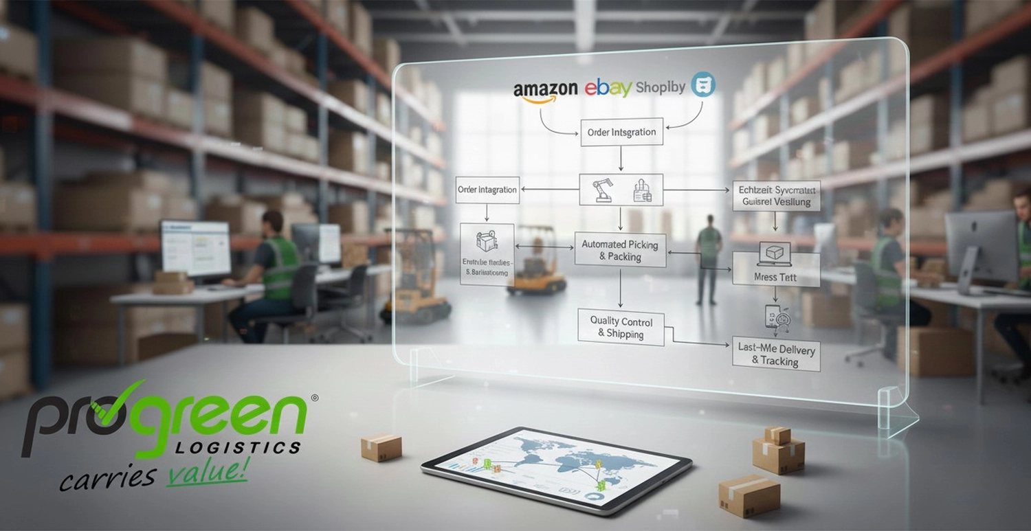Progreen GmbH – Logistik – Diese Abbildung veranschaulicht den Workflow von Progreen Logistics, der sich auf nachhaltige und automatisierte Supply-Chain-Lösungen konzentriert.