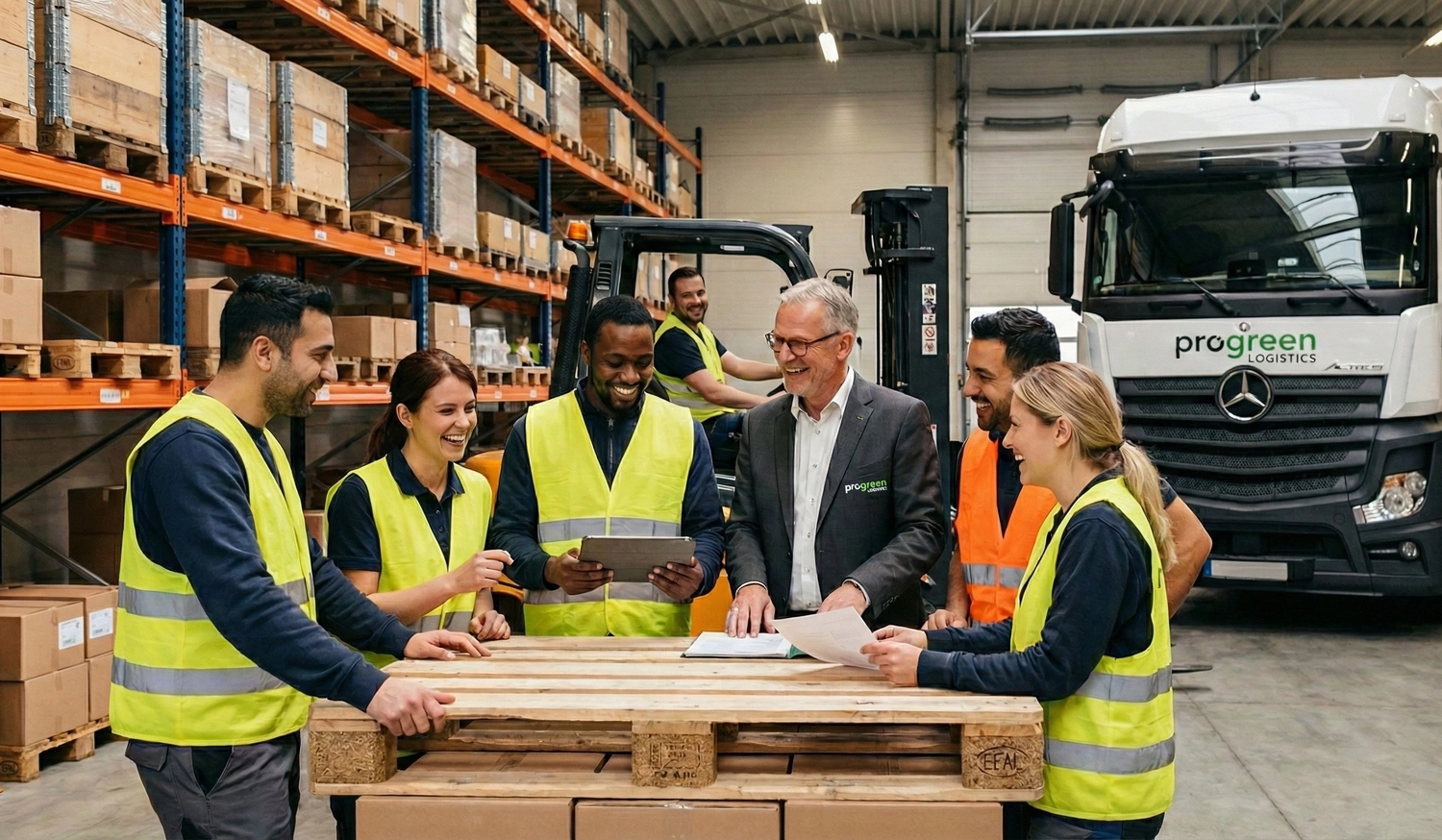Progreen GmbH – Logistik – Dieses Bild zeigt ein Lagerteam von Progreen Logistics bei einer Besprechung oder Planungssitzung an einer Holzpalette.