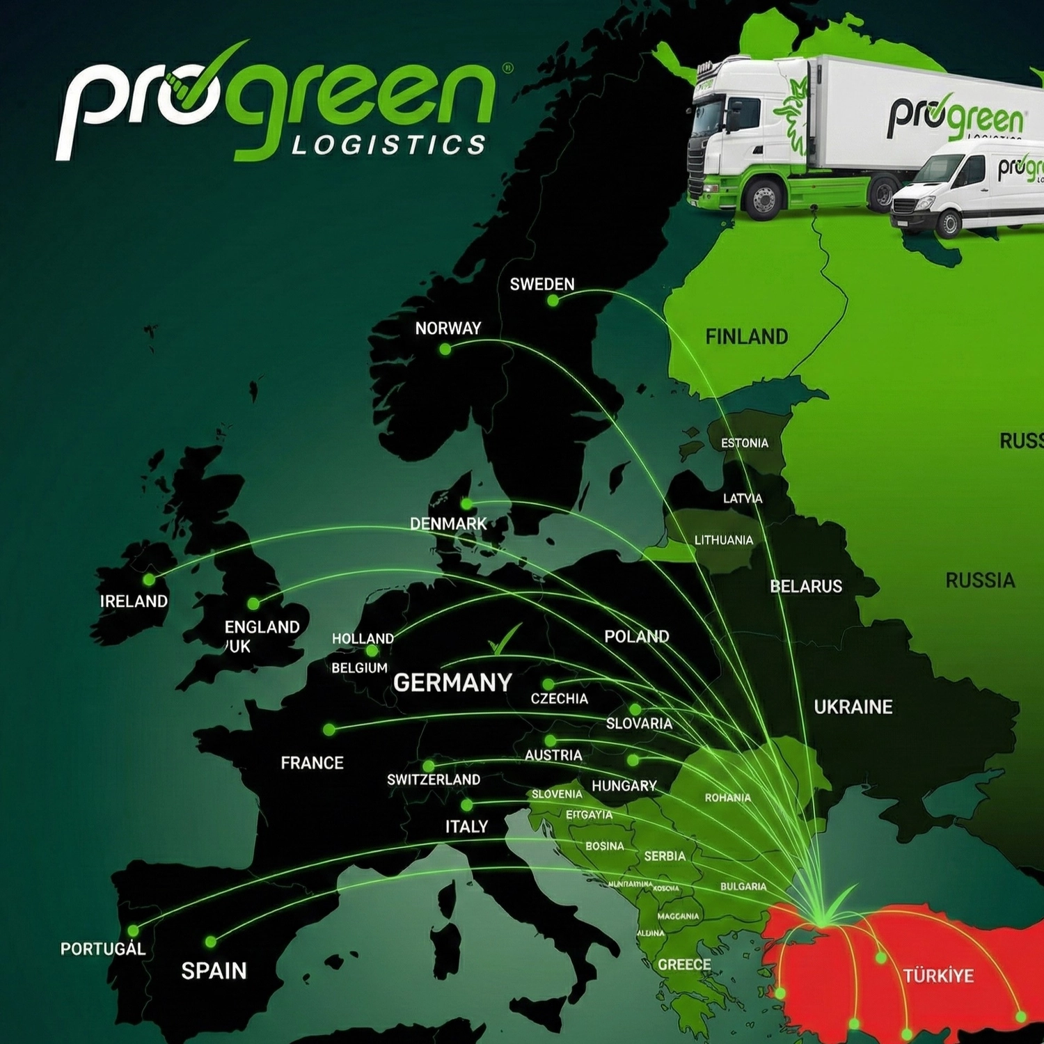 Progreen GmbH – Logistik – Diese Karte ist eine Werbegrafik von Progreen Logistics und zeigt deren Transportnetzwerk in ganz Europa, das hauptsächlich in der Türkei seinen Ursprung hat.