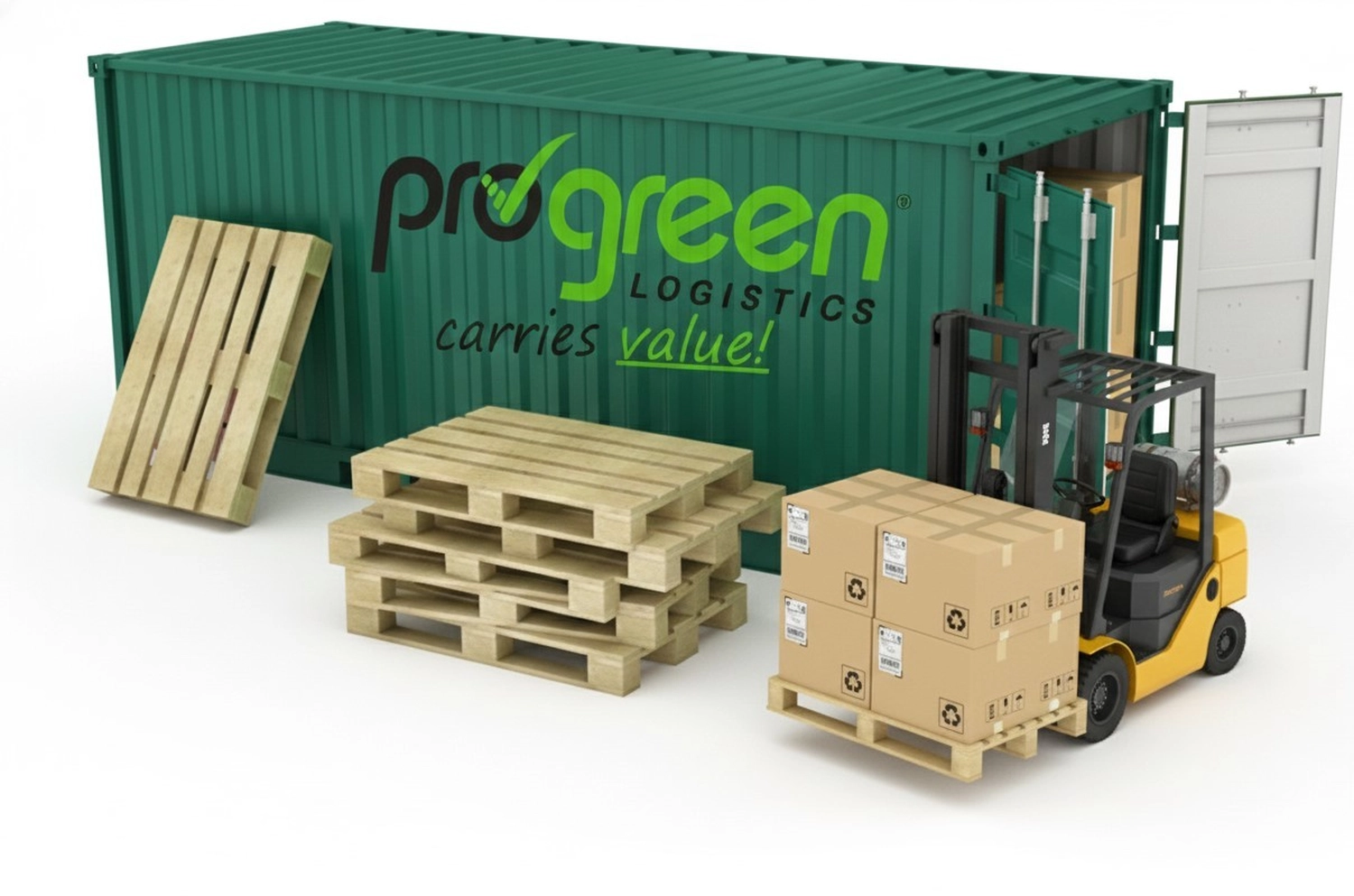 Progreen GmbH – Logistik – Dieses Bild zeigt ein Lagerteam von Progreen Logistics bei einer Besprechung oder Planungssitzung an einer Holzpalette.